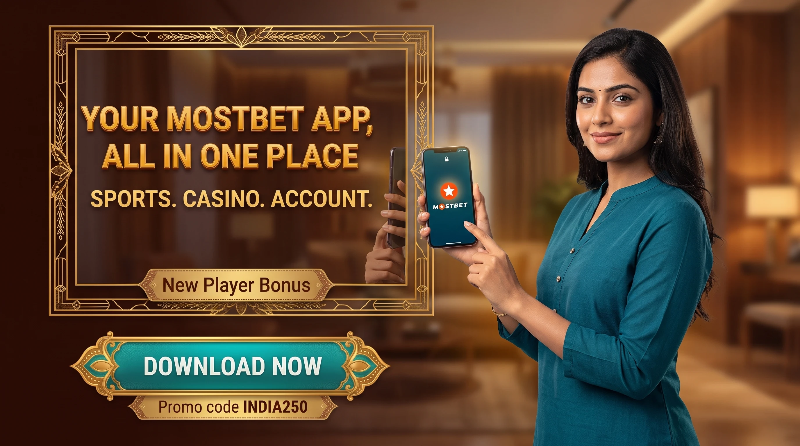 Mostbet app icon on an Android phone and an iPhone screen in India