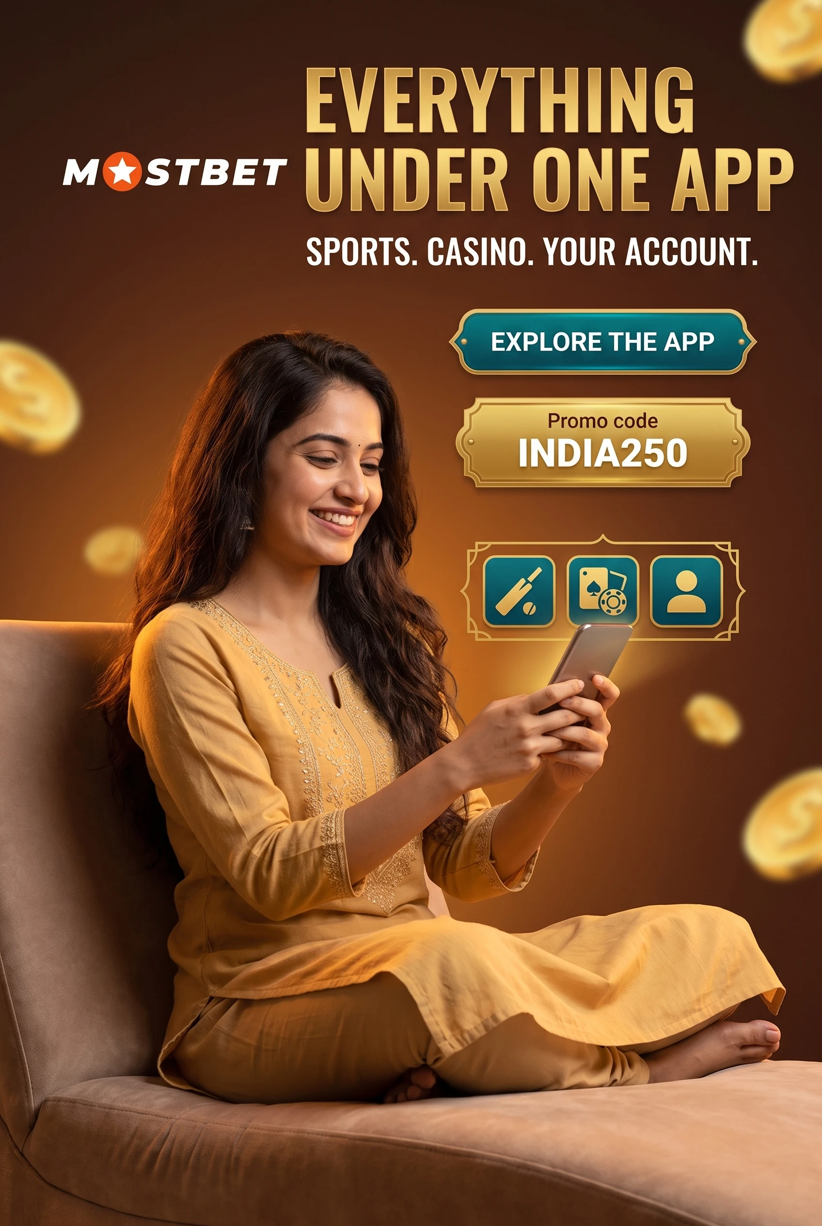 Sportsbook, casino and account sections inside the Mostbet app