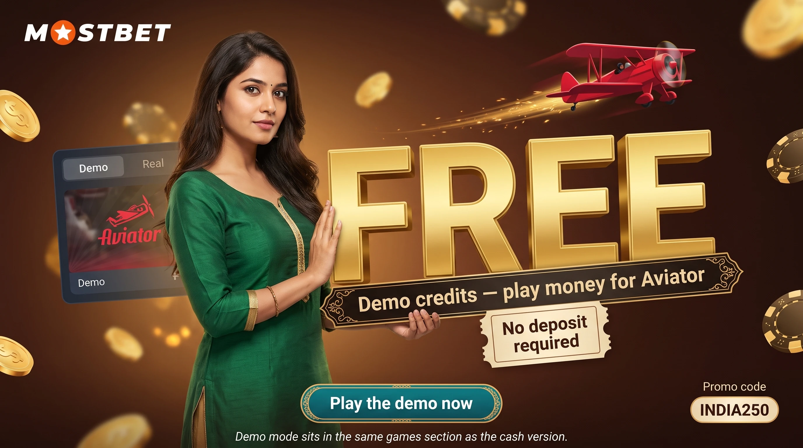 Mostbet Aviator demo screen showing the virtual credit balance