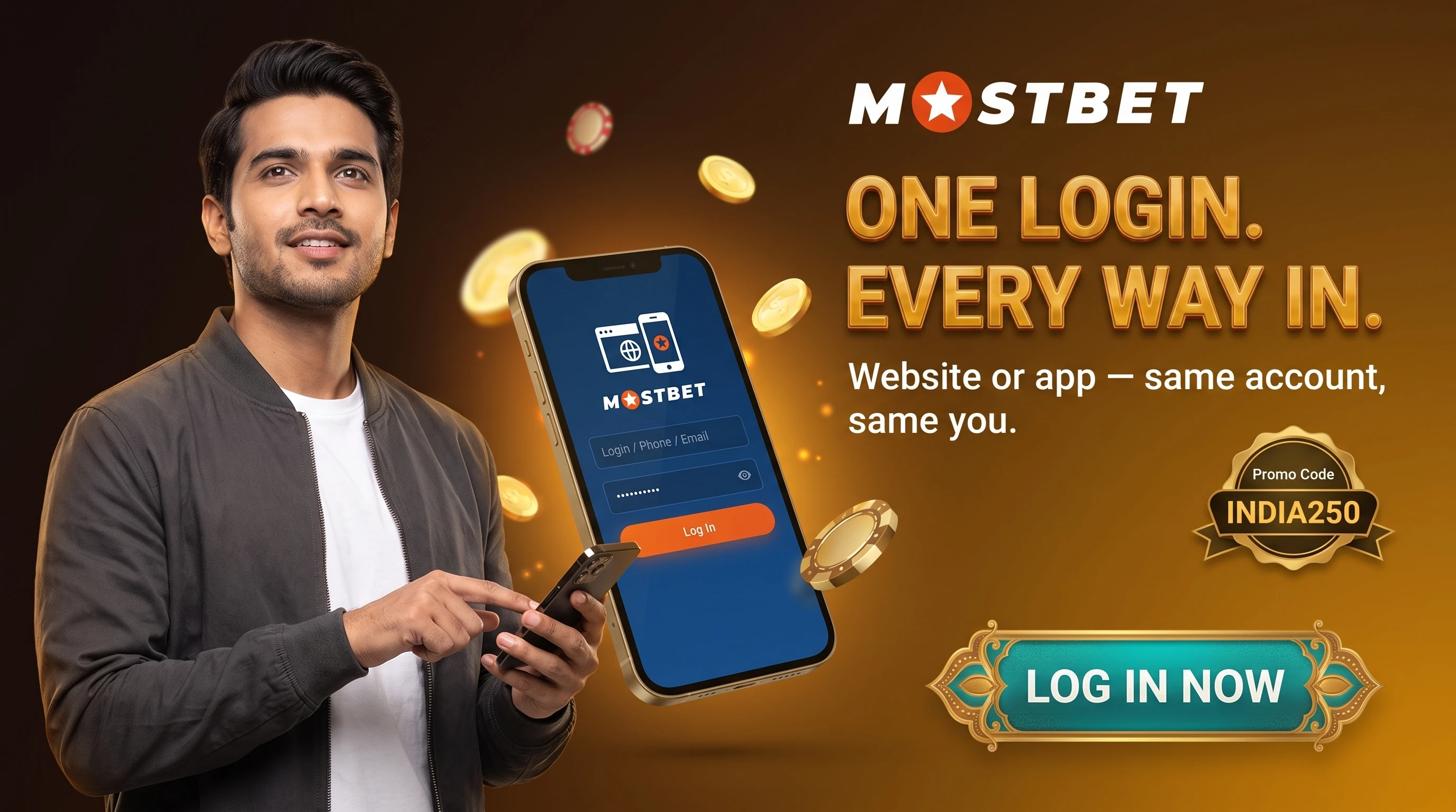 Mostbet login screen shared by the site and the app