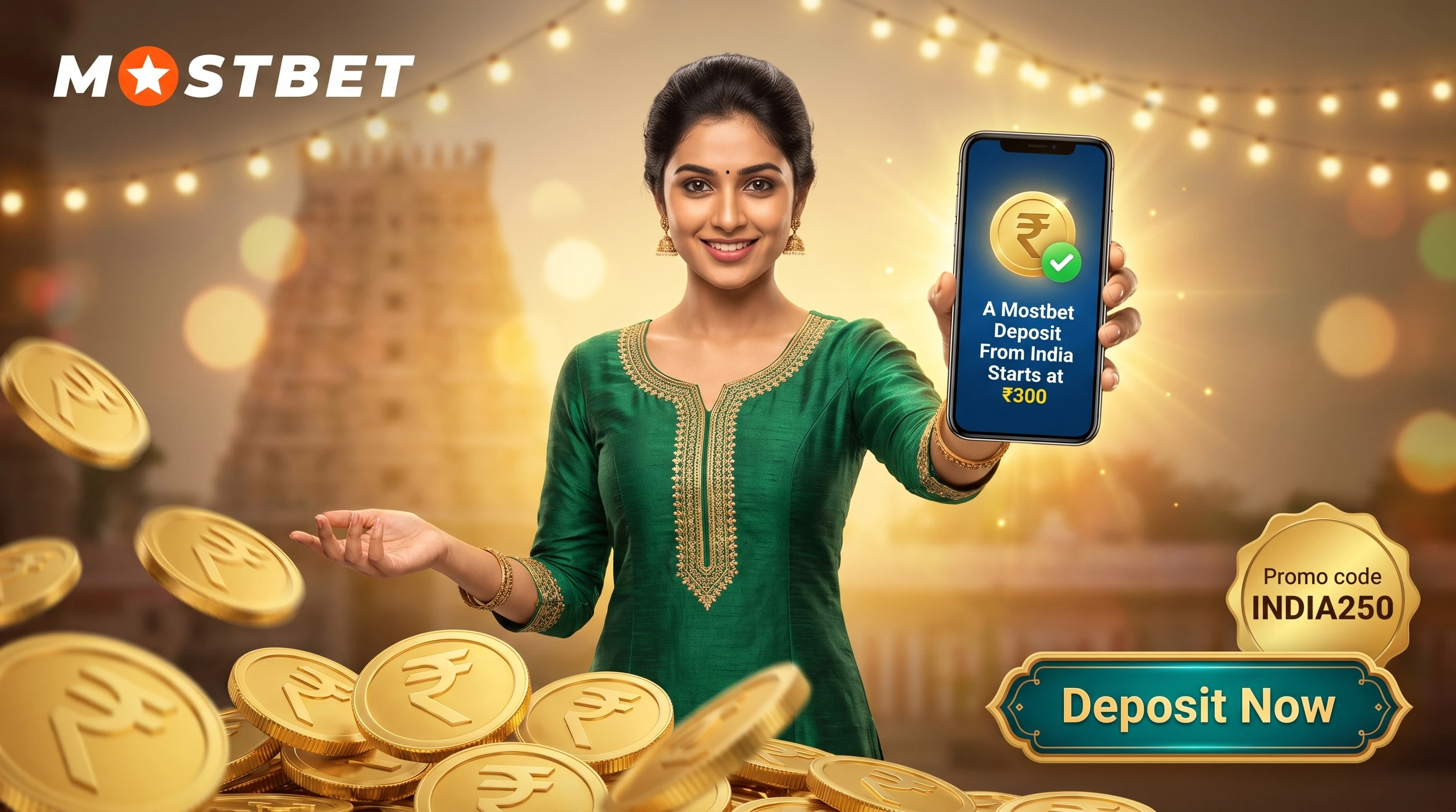 Mostbet cashier screen showing the ₹300 minimum deposit for an India account