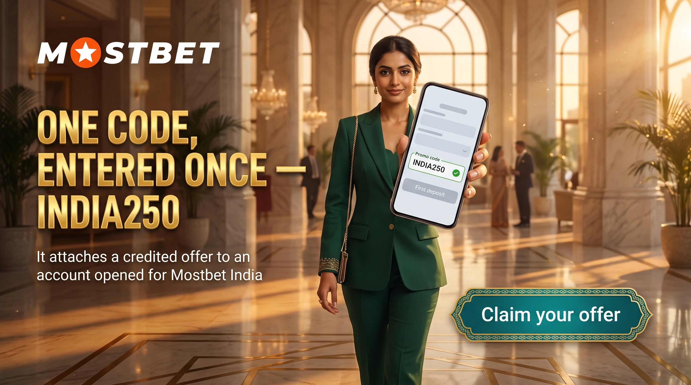 Mostbet promo code INDIA250 banner for a first deposit in India